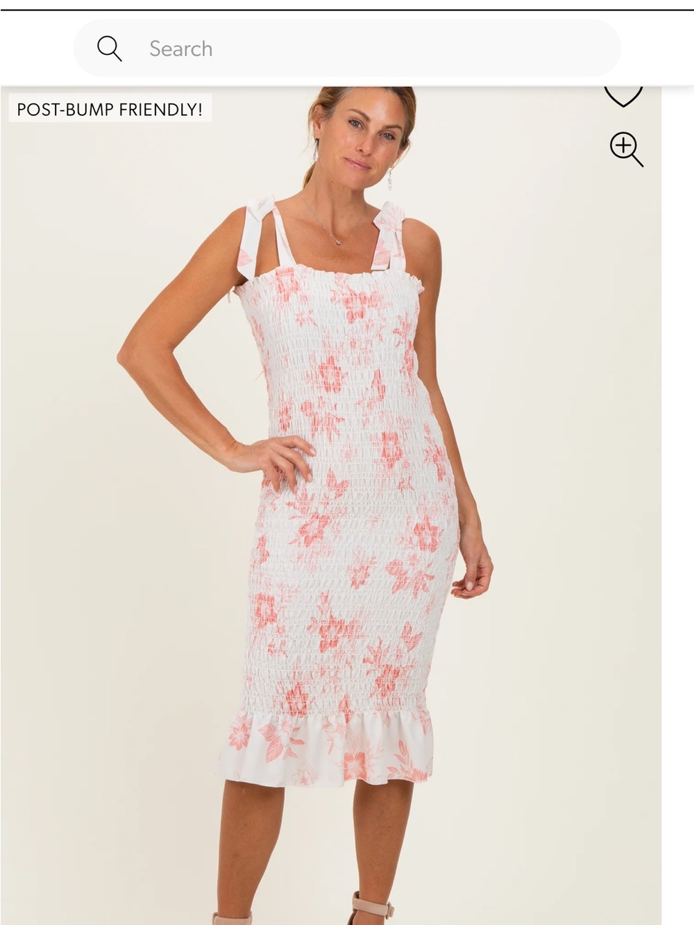 White and pink Maternity Dress with Coral Floral Print w/stretchy fabric